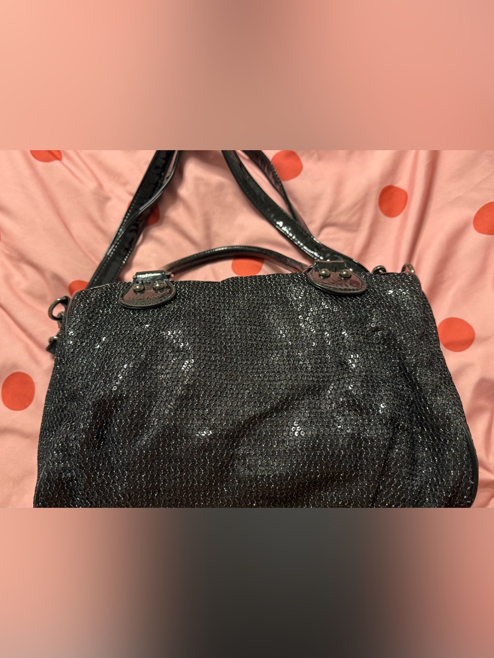 Betsey Johnson Black Sparkle Shoulder Bag with Patent Handles - Picture 2 of 3